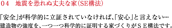 「安全」が科学的に立証されていなければ、「安心」と言えない。建造物の強度を、一つ一つ科学的に証明する家作りがSE構法です。